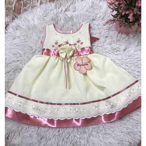 MARLENE Dress Baby Girls Size 18 Months Beige & Pink Floral Roses Holidays